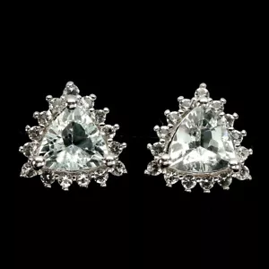 925 Orecchini Argento Sterling Trilliant Acquamarina 7mm Topazio Gemma Gioielli - Foto 1 di 10