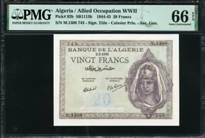 Algeria 1944-1945 20 Francs P92b PMG 66 EPQ GEM UNC - Picture 1 of 2
