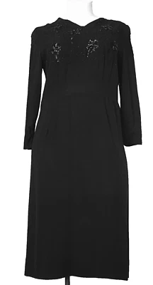 Vintage 1940s black beaded dress, rayon long sleeve sequin floral L XL plus size - Image 1 of 4