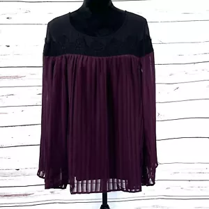 Torrid Top Women’s 2 US 2X Burgundy/Black Lace Trim Bell Sleeves Pleated New - Picture 1 of 11