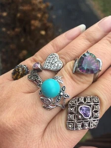 ❤️Antique STERLING SILVER Snake RINGS AMBER PINK CRYSTAL HEART SIZE 6/7/4 - Picture 1 of 26