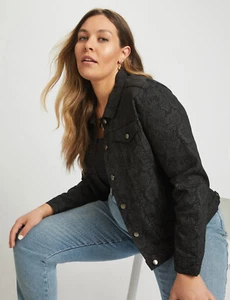 Denim Jacket Plus Size 26 Sara Black Reptile Stretch Cotton Button Up Pockets - Picture 1 of 10