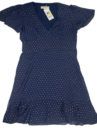 Abito Michael Kors donna blu medio manica svasata aderente svasato pois oro nuovo con etichetta