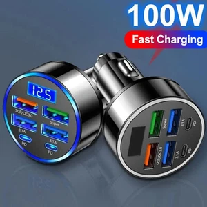 USB Adapter Charger, Fast Car Charger 4 USB 2 Type C Port 100W For Iphone Mobile - Picture 1 of 8