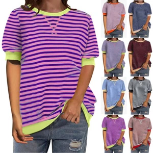 2024 Womens Casual Baggy Summer Striped Tee Shirts Blouse Short Sleeve Tops Size - Picture 1 of 18