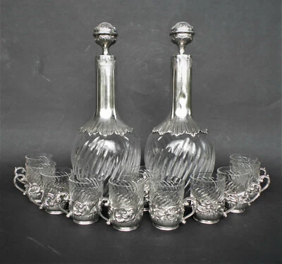service a liqueur carafe gobelet argent massif minerve cristal XIXe Bachelet  - Photo 1/4
