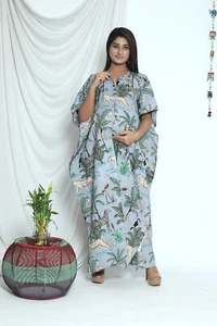 Indian Maternity Kaftan Gray Forest Printed Pregnant Women's Sleepwear kaftan US - Picture 1 of 2