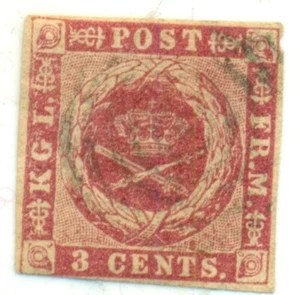 DANÉS INDIAS OCCIDENTALES #1a (1b) 3 ¢ Carmín, goma amarilla usada con anillo cancelar Scott $275 - Imagen 1 de 1