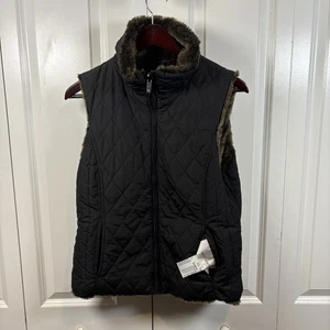 Weatherproof Black Quilted Vest Women M Faux Fur Lined Winter Cozy Warm - Picture 1 of 6