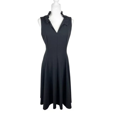 Calvin Klein Dress Women 8 Black Cap Sleeveless V-Neck Ruffled Neck Midi Sheath - Image 1 of 4
