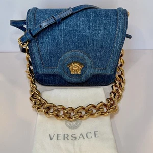 New Versace La Medusa Denim Shoulder Bag With Gold Chain & Leather Crossbody - Picture 1 of 15