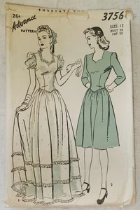 advance 3756 1940's wedding dress pattern 30" bust - Picture 1 of 3