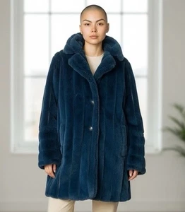 Jones New York Woman's Faux Fur Coat Color Blue Deep Sky Size M - Picture 1 of 8