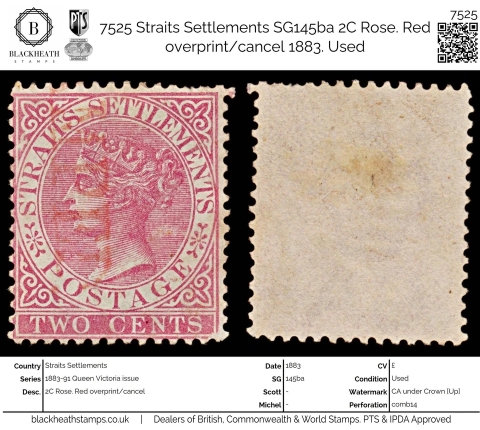 7525 Straits Settlements SG63 2C rosa. Sobreimpresión/cancelación roja 1883. Sc#41 Mi35a. U Foto 1 de 4