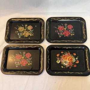 VTG Black Floral Toleware 6.5x 4.5" Metal Mini Trays Compliments Of Pepsi Cola - Picture 1 of 9