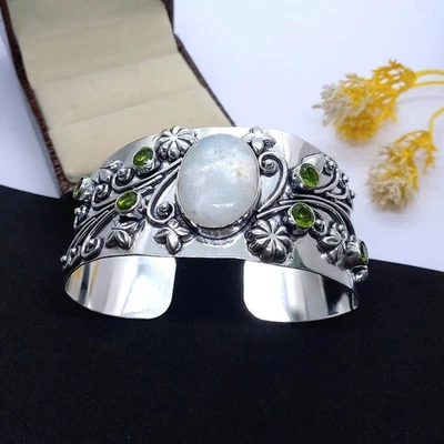 925 Sterling Silver Moonstone With 6 Peridot Gemstone Jewelry Cuff Bracelet - Image 1 of 4