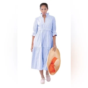 Vestido midi Gretchen Scott lágrima con volantes en capas a rayas Martine periwinkle $189 - Imagen 1 de 8
