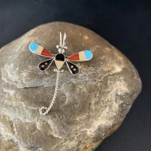 Turquoise Mother Of Pearl Zuni Sterling Silver Dragonfly Inlay Pin Pendant 12321 - Picture 1 of 12