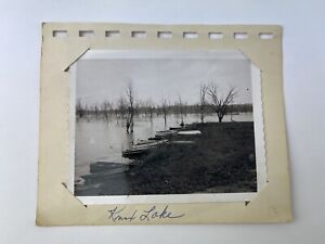 VTG Black & White Picture Knox Lake Ohio Fishing Boat Lined up on Shore Trees