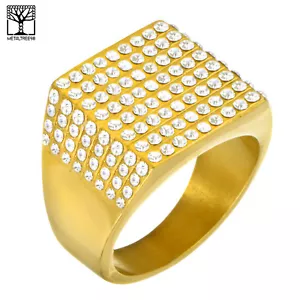 Men's Iced CZ Square Stainless Steel 18K Gold Plated Band Pinky Rings SSR 305G - Picture 1 of 3
