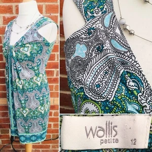 WALLIS Petite Size 12 Green Blue Dress Stretchy Summer Holiday Excellent L2 - Picture 1 of 8