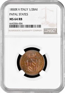 Papal States 1/2 Baiocchi 1850 R V, NGC MS64 RB, "Pope Pius IX (1846 - 1878)" - Picture 1 of 2