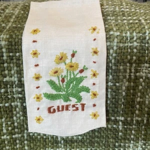VTG Tea Towel Linen GUEST Hand Embroidered Yellow Brown Flowers MCM 19” X 12” - Picture 1 of 6