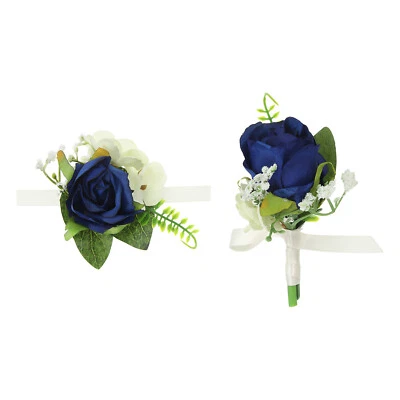 Juego de 2 ramilletes y boutonnieres de muñeca rosa artificial boda azul oscuro Foto 1 de 4