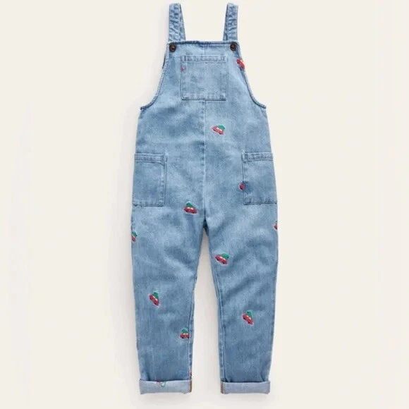 Mini Boden Red Festive Car Embroidered Denim Overalls Size 6-7Y Christmas Trees - Image 1 of 4