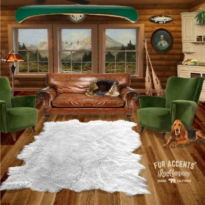 FUR ACCENTS  White Faux Fur Shag Rug, Random Shaggy Polar Bear Throw Sheepskin - Image 1 of 4