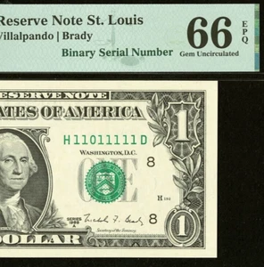 1988A $1 FRN PMG 65EPQ Gem - Rare Seven of a Kind Binary Serial Number 11011111 - Picture 1 of 3