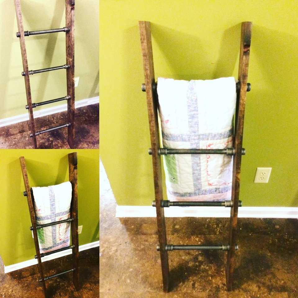 Rustic Industrial Pipe and Wood Blanket Ladder - Wood Quilt Ladder - Wall Ladder - Image 1 of 4
