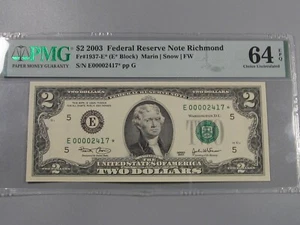 CU Crisp 4-Digit Low Serial # ⭐STAR⭐ $2 FRN 2003 Note PMG CU64 EPQ Richmond. #24 - Picture 1 of 11