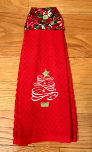 Toalla de cocina colgante, rojo Navidad con un árbol bordado, ribete de cinta, nueva - Imagen 1 de 8
