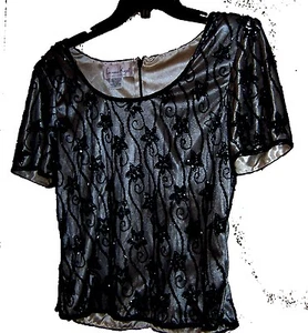 Sz M ~ Laurence Kazar Black Sequin & Beaded Flower Motif Top - Picture 1 of 5