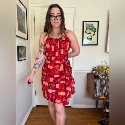 50s Vintage Kamehameha Red Cotton Sarong Wrap Dress - Image 1 of 4