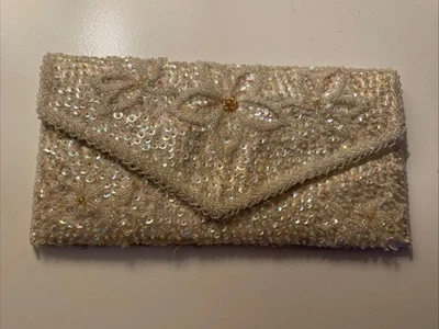 9” White evening clutch Purse silver Satin with Sequins Hollywood Regency Pocket - Image 1 of 4
