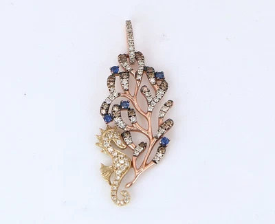 $1,750 14k Rose Yellow Gold Brown White Diamond Sapphire Seahorse Reef Pendant - Image 1 of 4