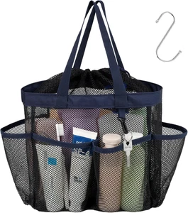 Mesh Shower Caddy Tote with Drawstring, 7 Pockets, S-Hook – Black/Dark Blue - Picture 1 of 12