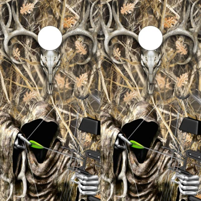 Cornhole Wraps - Bow Hunter Grim Reaper in Tall Grass Camo - 2 Vinyl Board Wraps - Image 1 of 3