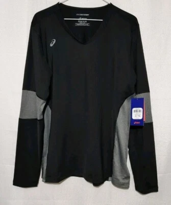 Camisa TAGS Asics MotionDry Negra Gris Jaspeado Signature Cuello en V Manga Larga Talla 2XL Foto 1 de 4