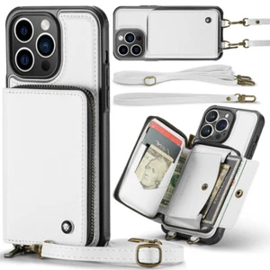 Leder Geldbörse Karte Mit Band Handyhülle Tasche Für iPhone 15 14 Pro 13 12 11 - Zdjęcie 1 z 18