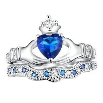 Claddagh Solitario con Acentos Anillo Azul Circonita Cúbica Juego de Apilamiento de Dos Piezas Foto 1 de 4