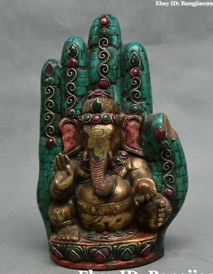 10" Antiguo Budismo Chino Turquesa Gema Elefante Mamón Buda Mano Dedo Estatua Foto 1 de 4