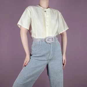 VINTAGE Womens 70s Ivory Cream Pleated Retro Button Ladies Blouse Top L 16 18 - Picture 1 of 11