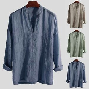 Mens Casual Long Sleeve Cotton Linen Blouse Loose Henley V-Neck Tops T Shirts