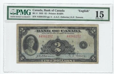 1935  Bank of Canada BC-3, $2 Osb/Tow SN# A 4501252 PMG F-15 English  - Image 1 of 2