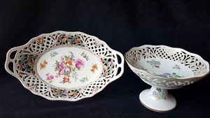 Schumann Durchbruch Porzellan Dresdner Blumen oval Schale 30cm+Schale auf Fuß - Bild 1 von 12