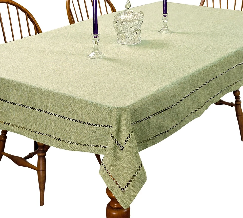 Hem Stitch Embroidered Vintage Design Tablecloth Mint 68" by 140" Oblong/Rect... - Image 1 of 1