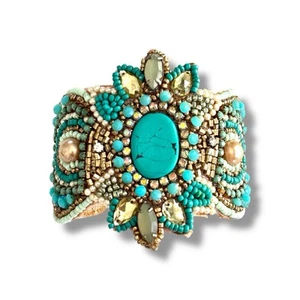 Bracciale Vintage Anni 90 Y2K Boho Perline 8” Mano Vegan Turchese Perle Vetro Arte - Foto 1 di 9